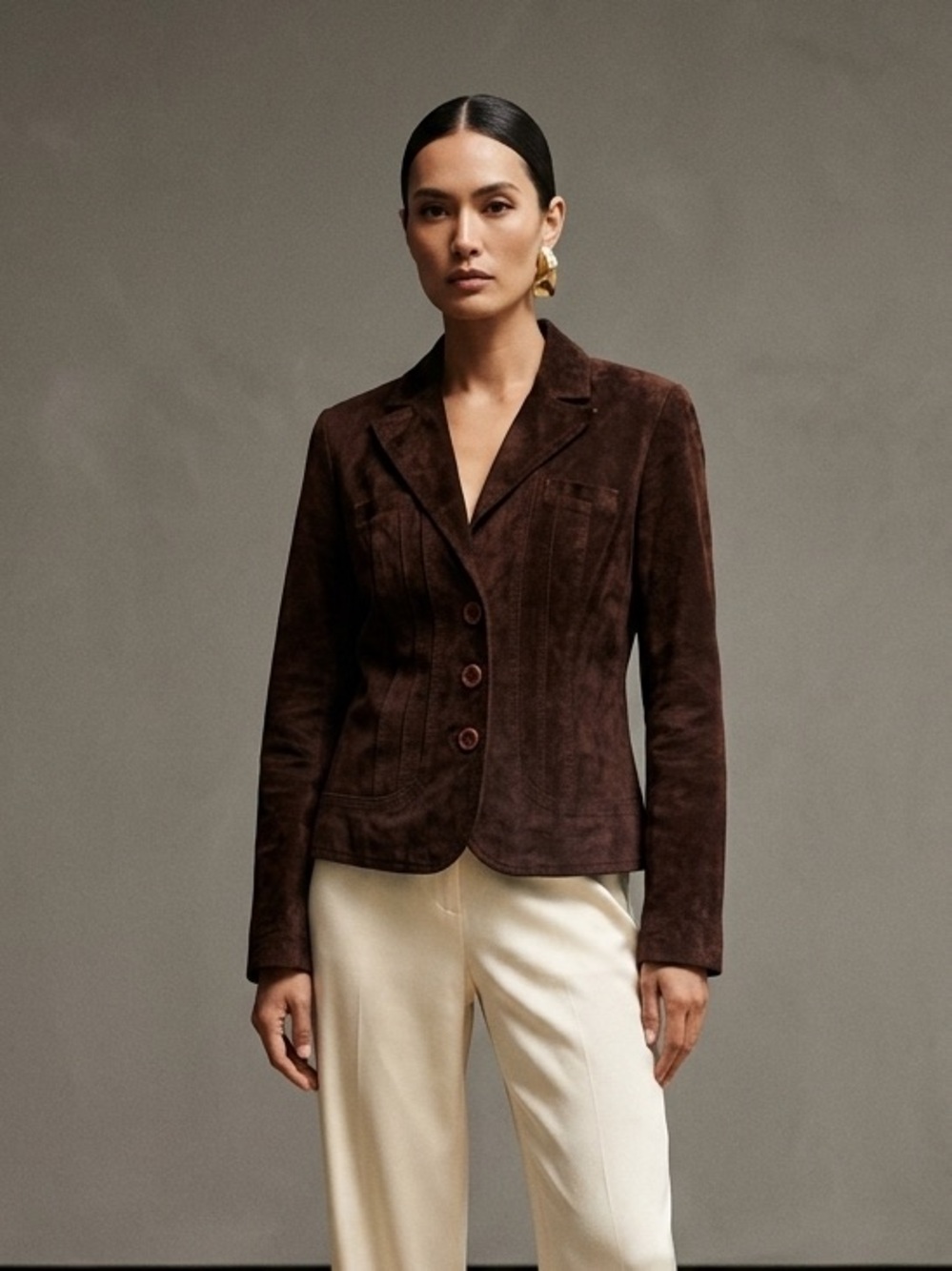 Alfani Petite Brown 100% Genuine Suede Leather Blazer Jacket Size S